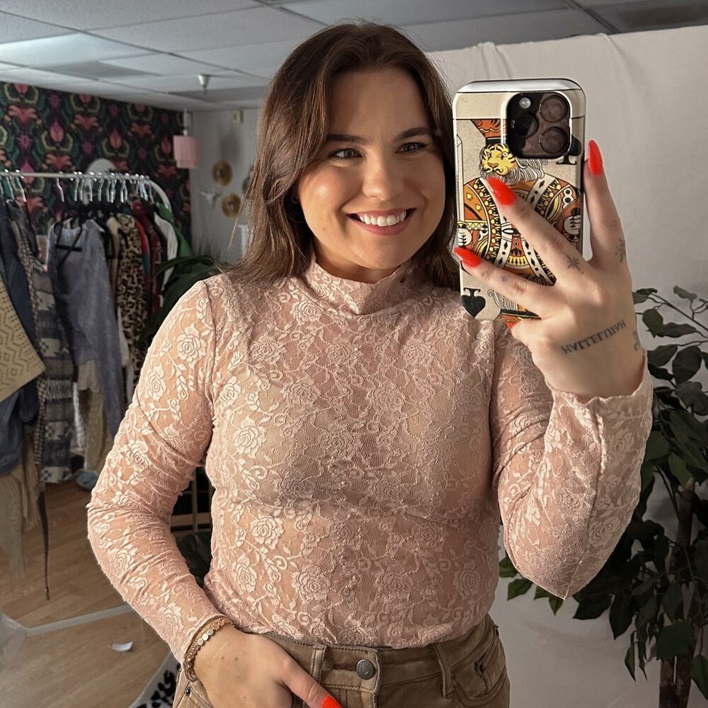 Urban Outfitters High Neck Lace Long Sleeve Top Pink Size Medium